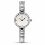 Ferro Women's Crystal Bezel Silver Stainless Steel Analog Watch – White Mother-of-Pearl Dial MS Department Store Oman
