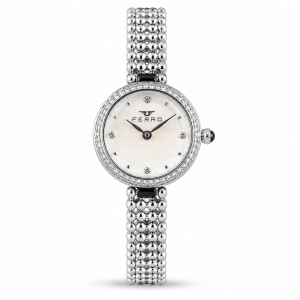 Ferro Women's Crystal Bezel Silver Stainless Steel Analog Watch – White Mother-of-Pearl Dial MS Department Store Oman