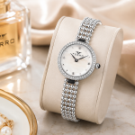 Ferro Women's Crystal Bezel Silver Stainless Steel Analog Watch – White Mother-of-Pearl Dial MS Department Store Oman
