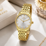 Ferro Women's Gold-Tone Stainless Steel Analog Watch with Silver Dial & Crystal Hour Markers MS Department Store Oman