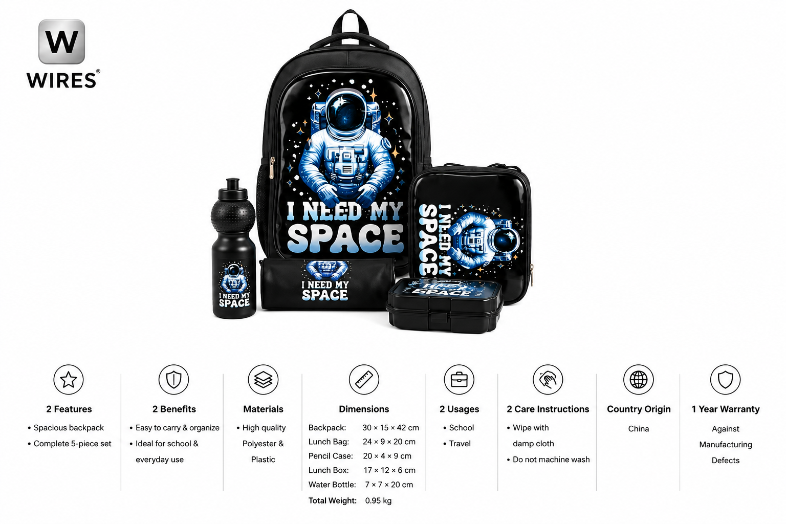 WIRES SCHOOL BAG TROLLEY 18" WITH LUNCH BAG, PENCIL CASE, DINNER SET & WATER BOTTLE BLACK WITH SPACE SUIT DESIGN MS Department Store Oman