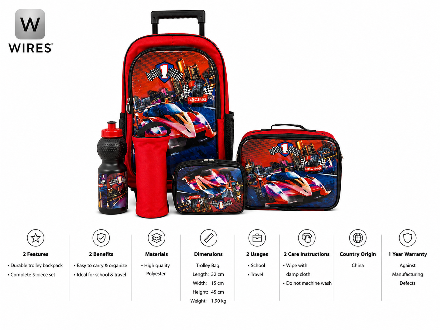 WIRES SCHOOL BAG TROLLEY 18" WITH LUNCH BAG, PENCIL CASE, DINNER SET & WATER BOTTLE WITH RACING CAR DESIGN MS Department Store Oman