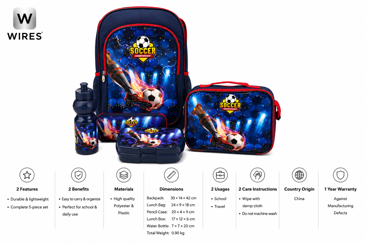 WIRES SCHOOL BAG TROLLEY 18" WITH LUNCH BAG, PENCIL CASE, DINNER SET & WATER BOTTLE WITH SOCER PRINT MS Department Store Oman