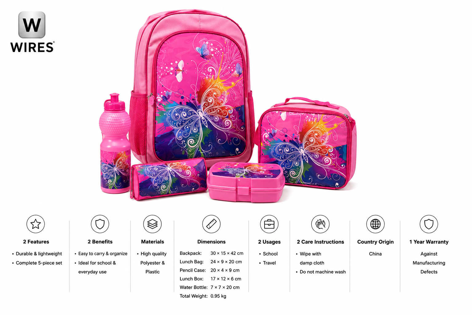 WIRES SCHOOL BAG TROLLEY 18" WITH LUNCH BAG, PENCIL CASE, DINNER SET & WATER BOTTLE PINK WITH BUTTER FLY DESIGN MS Department Store Oman