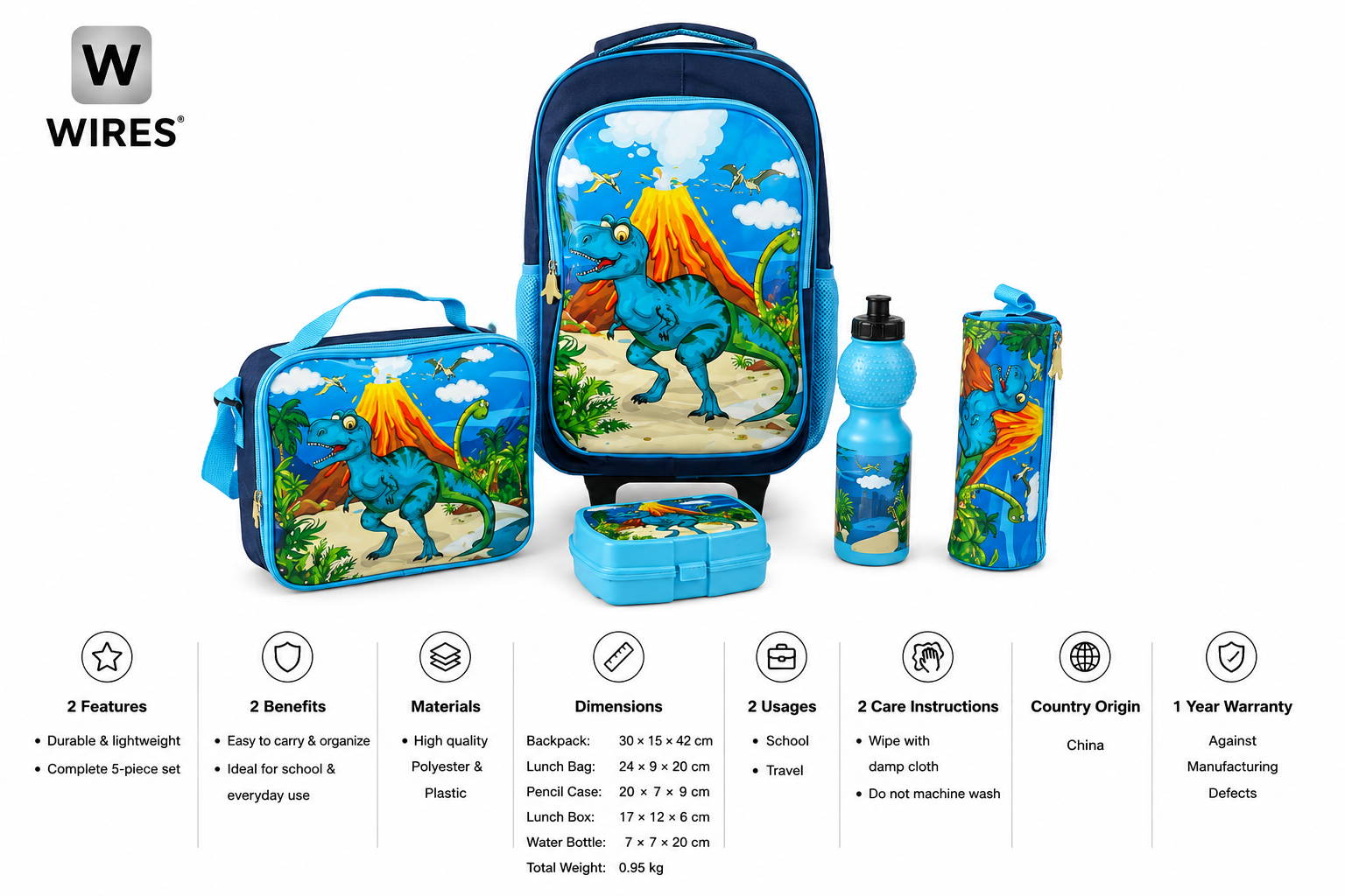 WIRES SCHOOL BAG TROLLEY 18" WITH LUNCH BAG, PENCIL CASE, DINNER SET & WATER BOTTLE WITH DRAGON PRINT MS Department Store Oman