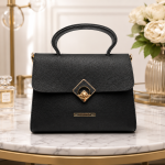 ANGELPOLO Classic Black Textured Top-Handle Satchel with Diamond Lock