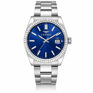 Ferro Men’s Stainless Steel Blue Dial Day-Date Analog Wrist Watch MS Department Store Oman