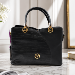 Classic Black Leatherette Satchel with Croc-Embossed Panel & Gold Hardware
