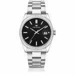Ferro Men’s Silver Stainless Steel Day-Date Watch – Black Dial Luxury Analog Wristwatch MS Department Store Oman