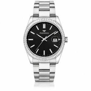 Ferro Men’s Silver Stainless Steel Day-Date Watch – Black Dial Luxury Analog Wristwatch MS Department Store Oman