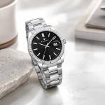 Ferro Men’s Silver Stainless Steel Day-Date Watch – Black Dial Luxury Analog Wristwatch MS Department Store Oman