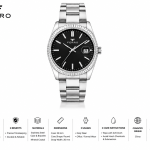 Ferro Men’s Silver Stainless Steel Day-Date Watch – Black Dial Luxury Analog Wristwatch MS Department Store Oman