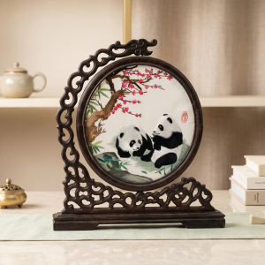 Hand-Embroidered Panda And Cherry Blossom Tabletop Screen MS Department Store Oman