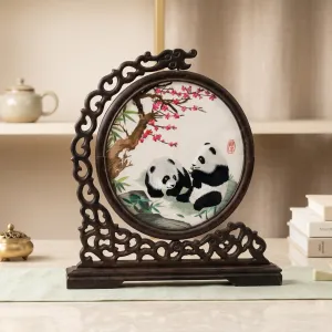 Hand-Embroidered Panda And Cherry Blossom Tabletop Screen MS Department Store Oman