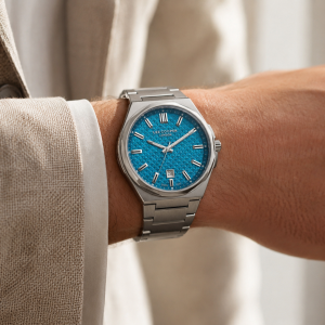 Men'S Watch | Silver Stainless Steel Quartz With Textured Turquoise Dial MS Department Store Oman