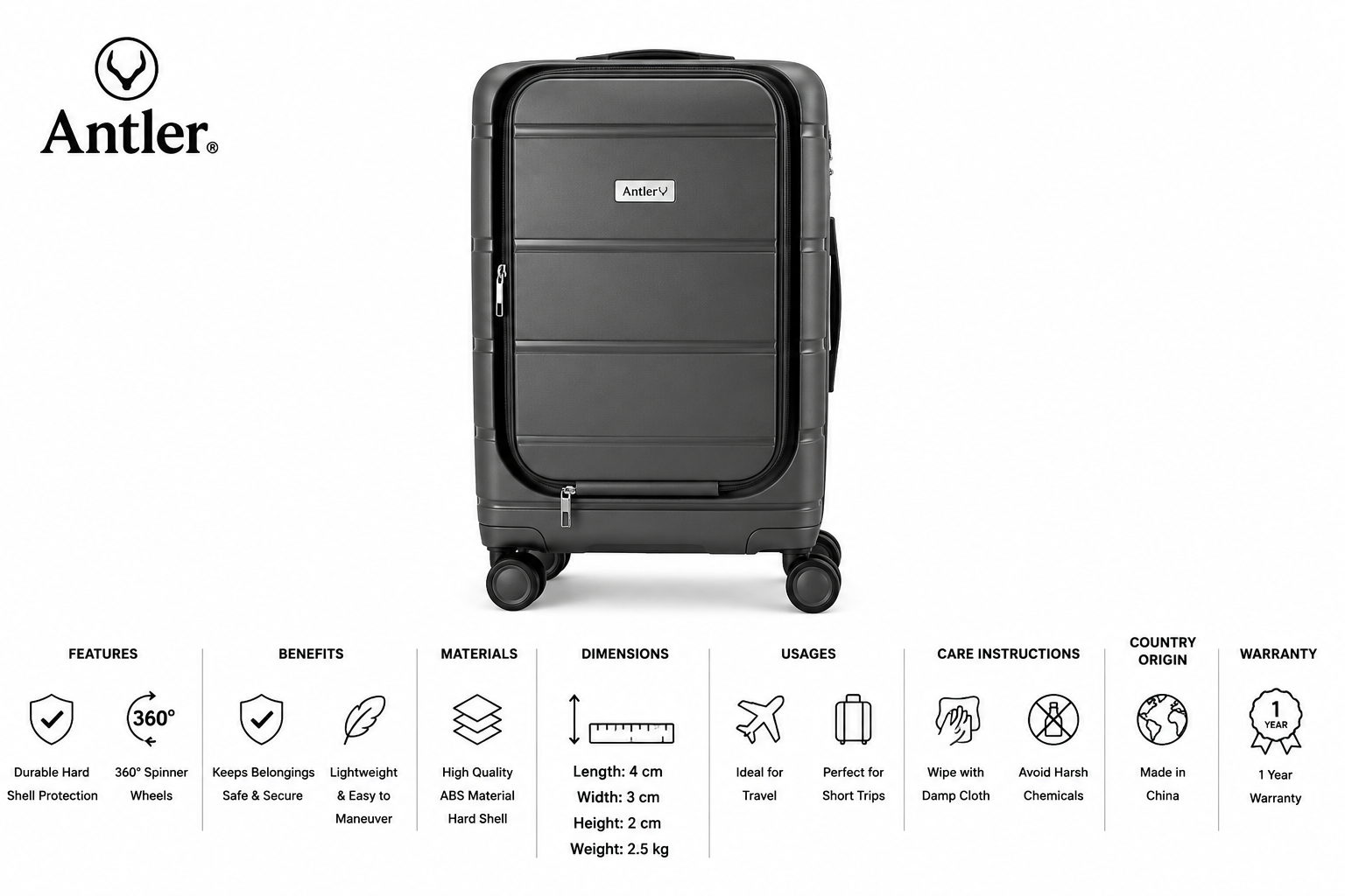 Antler Sofia Pp 4W Trolley S Cabin With Front Pocket 30" - D.Grey MS Department Store Oman