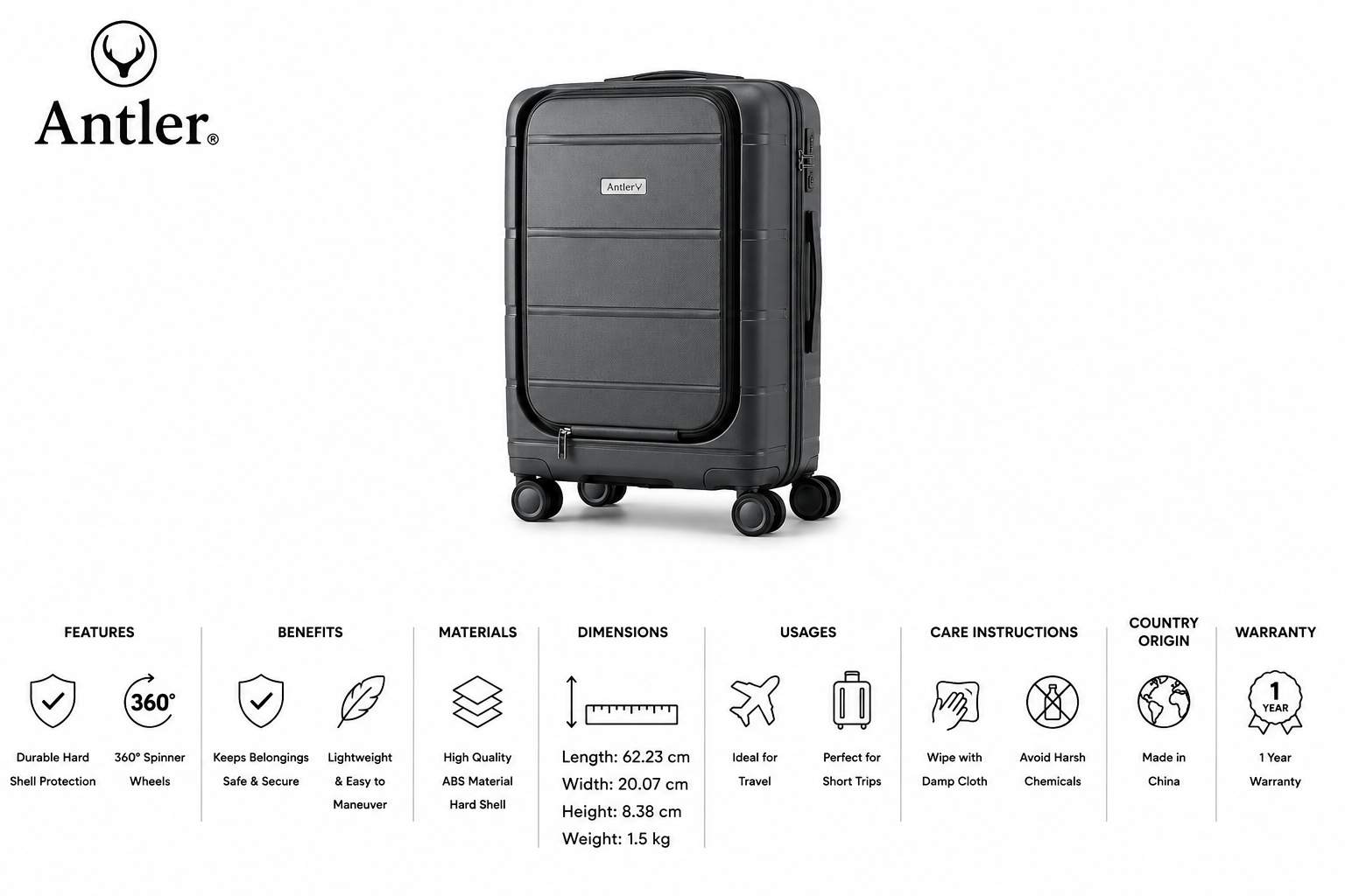 Antler Sofia Pp 4W Trolley S Cabin With Front Pocket 20" - D.Grey MS Department Store Oman