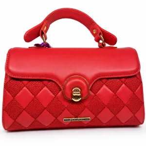 ANGELPOLO Bright Red Quilted Top-Handle Satchel with Turn-Lock Closure