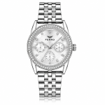 Ferro Women's Silver Stainless Steel Multi-Function Watch with Crystal Bezel & White Dial MS Department Store Oman