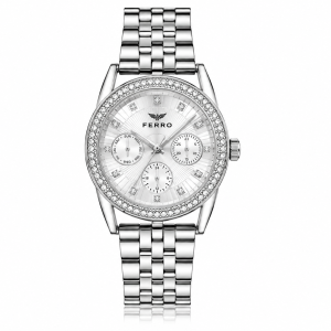 Ferro Women's Silver Stainless Steel Multi-Function Watch with Crystal Bezel & White Dial MS Department Store Oman