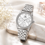 Ferro Women's Silver Stainless Steel Multi-Function Watch with Crystal Bezel & White Dial MS Department Store Oman