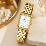 Ferro Women's Gold-Tone Rectangular Analog Watch with White Dial & Date Display MS Department Store Oman