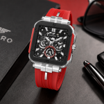 Ferro Men's Skeleton Square Dial Analog Watch with Red Silicone Strap – Black/Silver MS Department Store Oman