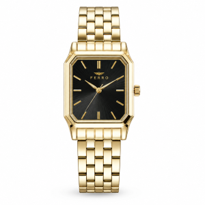 Ferro Women's Classic Rectangular Gold-Tone Analog Watch with Black Dial & Stainless Steel Bracelet MS Department Store Oman