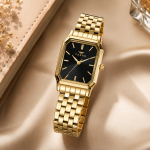 Ferro Women's Classic Rectangular Gold-Tone Analog Watch with Black Dial & Stainless Steel Bracelet MS Department Store Oman