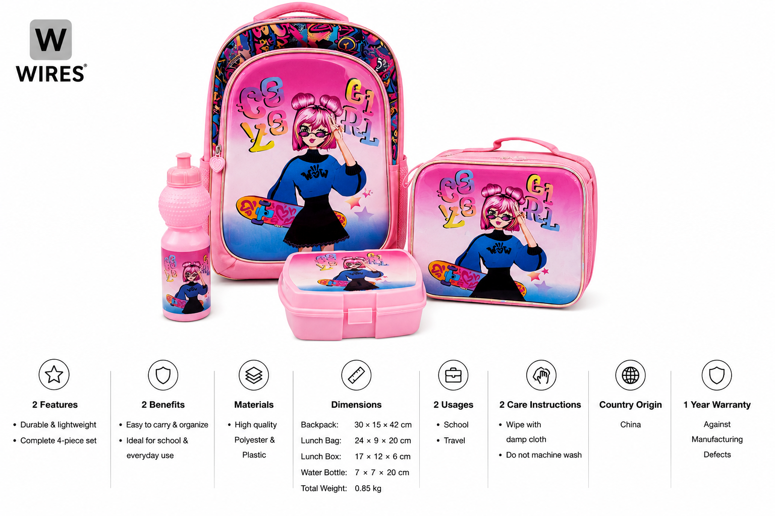 WIRES SCHOOL BAG TROLLEY 18" WITH LUNCH BAG, PENCIL CASE, DINNER SET & WATER BOTTLE PINK WITH BARBIE GIRL DESIGN MS Department Store Oman
