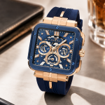Ferro Men's Skeleton Multifunction Square Watch with Blue Silicone Strap & Rose Gold Case MS Department Store Oman