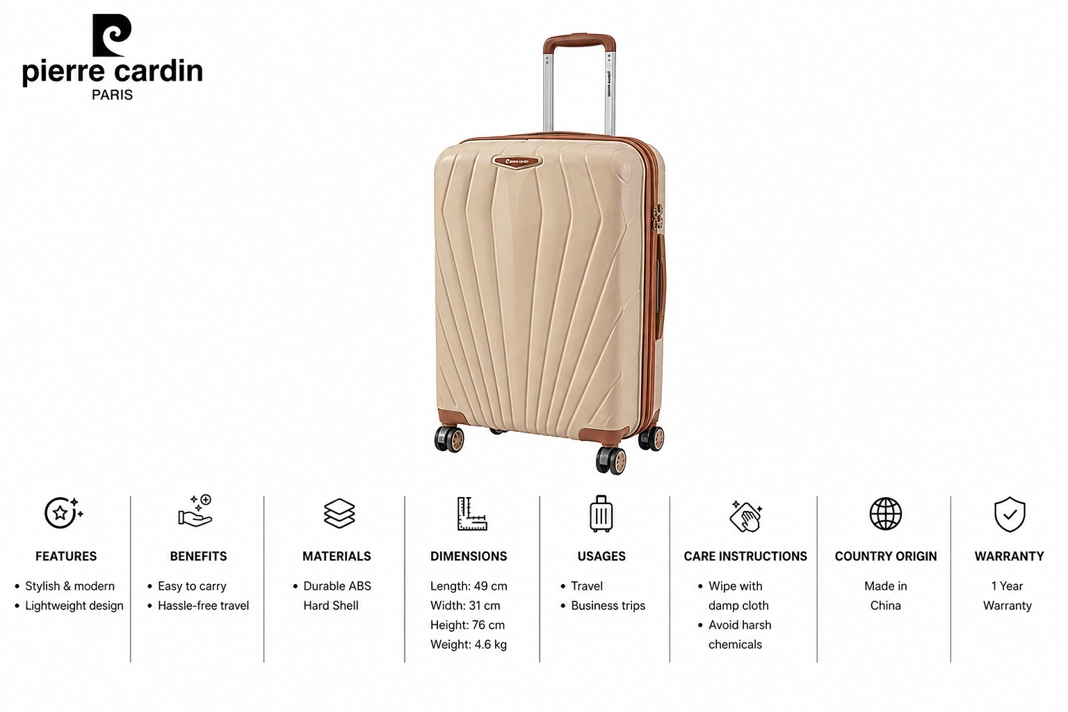 Pierre Cardin Capri Pp Trolley S 28" Champagne MS Department Store Oman