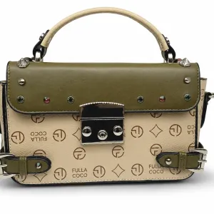 SAT FAT Top-Handle Satchel with Olive Green Flap & Studded Accents
