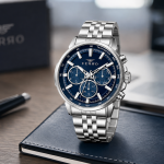 Ferro Men's Stainless Steel Chronograph Analog Watch with Blue Dial & Silver Metal Strap MS Department Store Oman