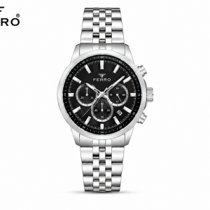 Ferro Men’s Silver Stainless Steel Chronograph Watch with Black Dial MS Department Store Oman