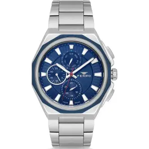 Ferro Men's Stainless Steel Multi-Function Analog Watch - Blue Dial & Silver Strap MS Department Store Oman