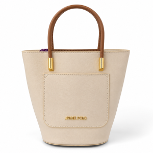 ANGEL POLO Cream Bucket Tote Bag with Brown Handles & Front Pocket