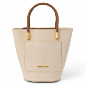 ANGEL POLO Cream Bucket Tote Bag with Brown Handles & Front Pocket