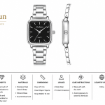 Ceshdun Silver-Tone Women’S Square Wristwatch & Bracelet Set With Black Dial MS Department Store Oman