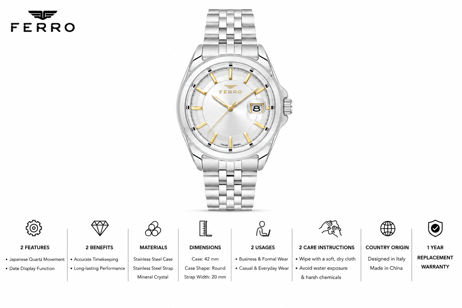 Ferro Women's Classic Analog Stainless Steel Watch with Silver Dial & Date Display MS Department Store Oman