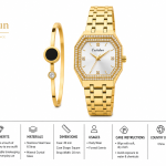 Ceshdun Elegant Octagonal Gold-Tone Women’S Wristwatch & Bracelet MS Department Store Oman
