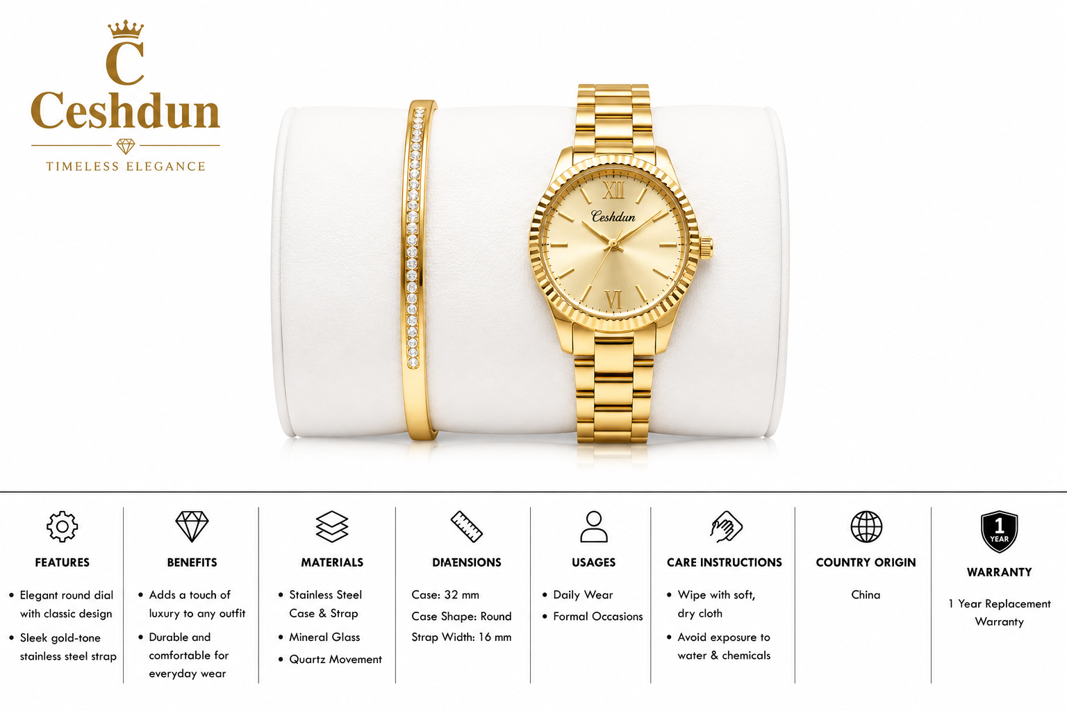 Ceshdun Elegant Gold Dial Watch & Crystal Bracelet MS Department Store Oman