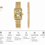 Ceshdun Classic Rectangular Roman Dial Watch & Crystal Bracelet Set-Gold MS Department Store Oman