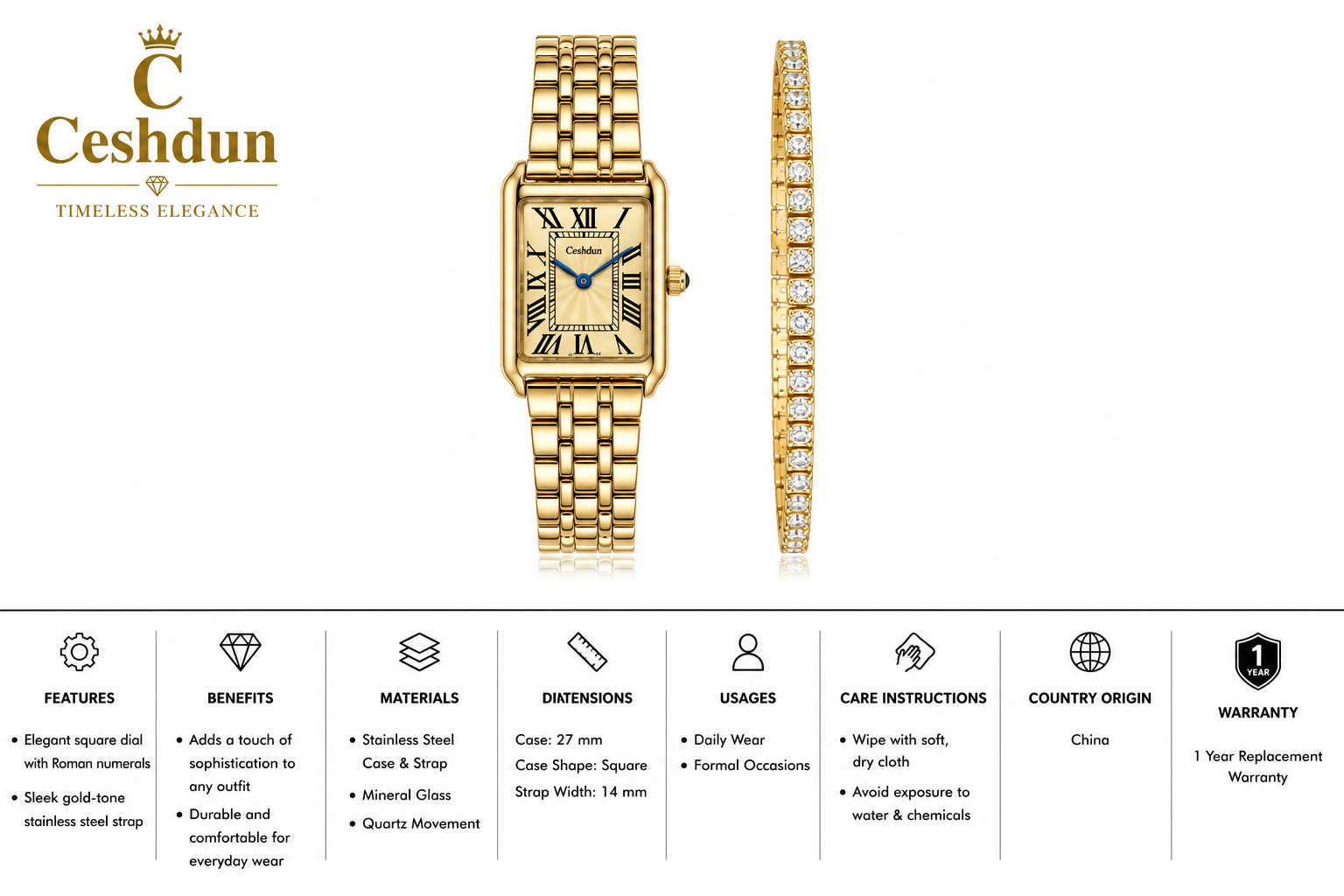 Ceshdun Classic Rectangular Roman Dial Watch & Crystal Bracelet Set-Gold MS Department Store Oman