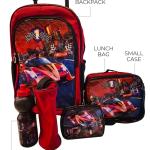 SCHOOL BAG TROLLEY 18" WITH LUNCH BAG, PENCIL CASE, DINNER SET & WATER BOTTLE WITH RACING CAR DESIGN