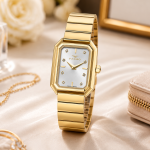 Ferro Women's Gold-Tone Rectangular Analog Watch with Silver Dial & Crystal Hour Markers MS Department Store Oman