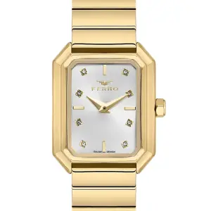 Ferro Women's Gold-Tone Rectangular Analog Watch with Silver Dial & Crystal Hour Markers MS Department Store Oman