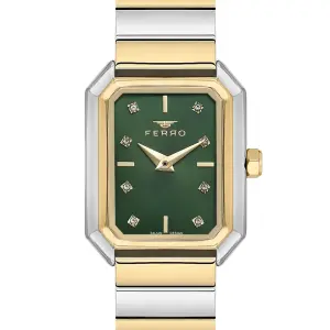 Ferro Women's Two-Tone Rectangular Analog Watch with Green Dial & Crystal Hour Markers MS Department Store Oman