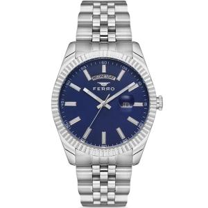 Ferro Women's Stainless Steel Analog Watch with Blue Dial, Day & Date Display MS Department Store Oman