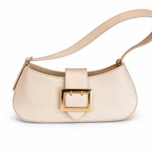 ANGEL POLO Off-White Leather Shoulder Bag with Oversized Gold Buckle